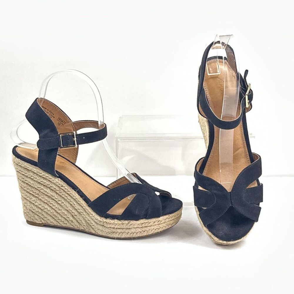 American Eagle Wedge Sandals Womens 7 Black Faux Suede Espadrille Ankle Strap